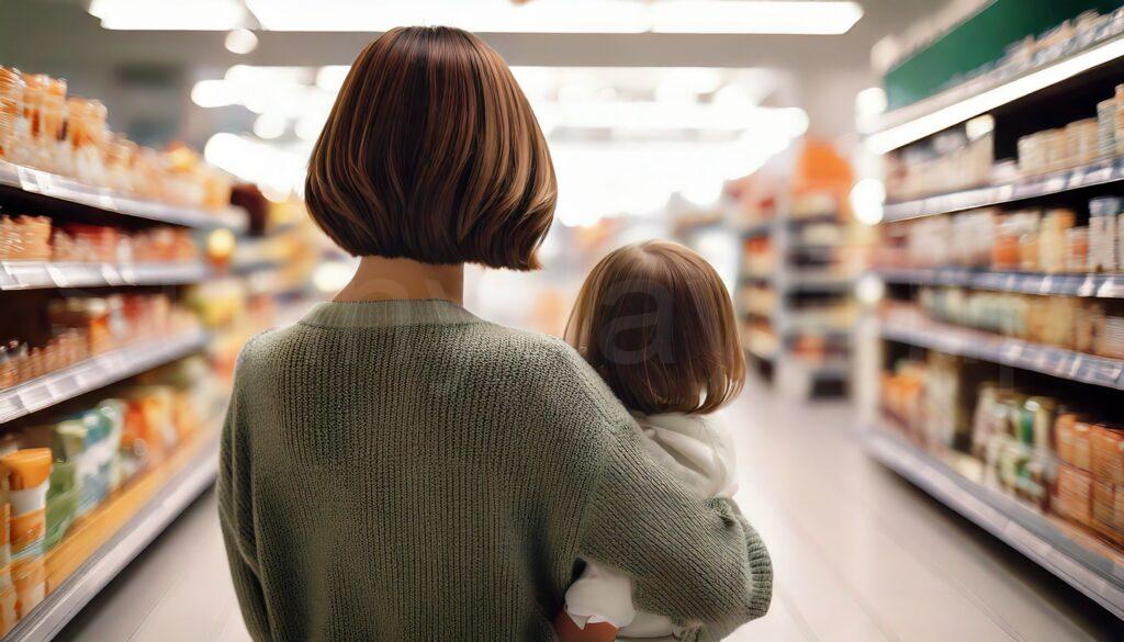 主婦と小さな子どもがスーパーにいる